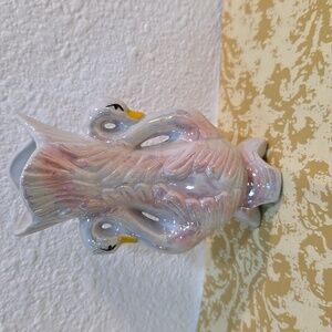 Vintage Ceramic Swan Vase Iridescent, Opalescent Glaze and Flooral Accents.